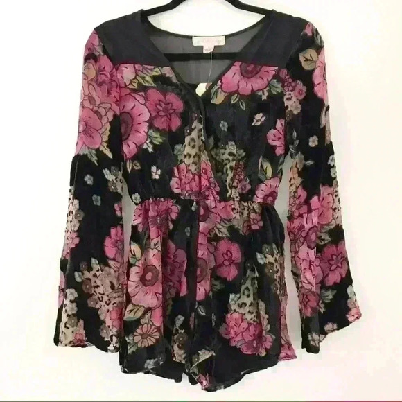Band of Gypsies Black Velvet Floral Burnout Long Sleeve Romper - Picture 1 of 8